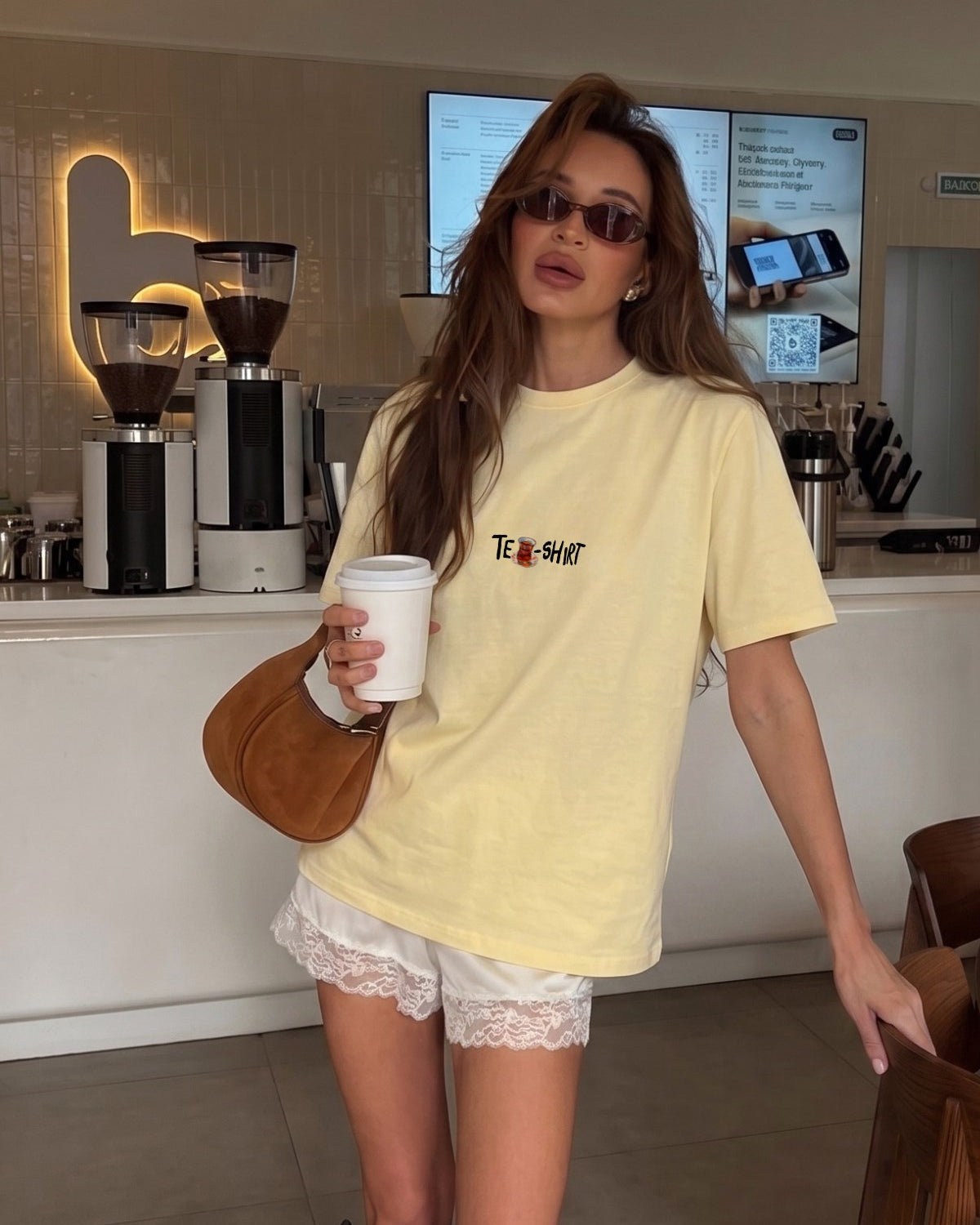 Kadın Oversize Tişört Tea-Shirt Baskılı Sarı – Bisiklet Yaka, Rahat Kalıp, %100 Pamuk