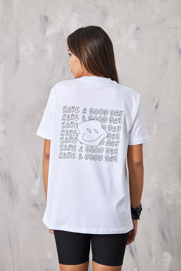 Have A Good Day Yazılı Gülen Yüz Tasarım Baskılı Beyaz Kadın T-Shirt