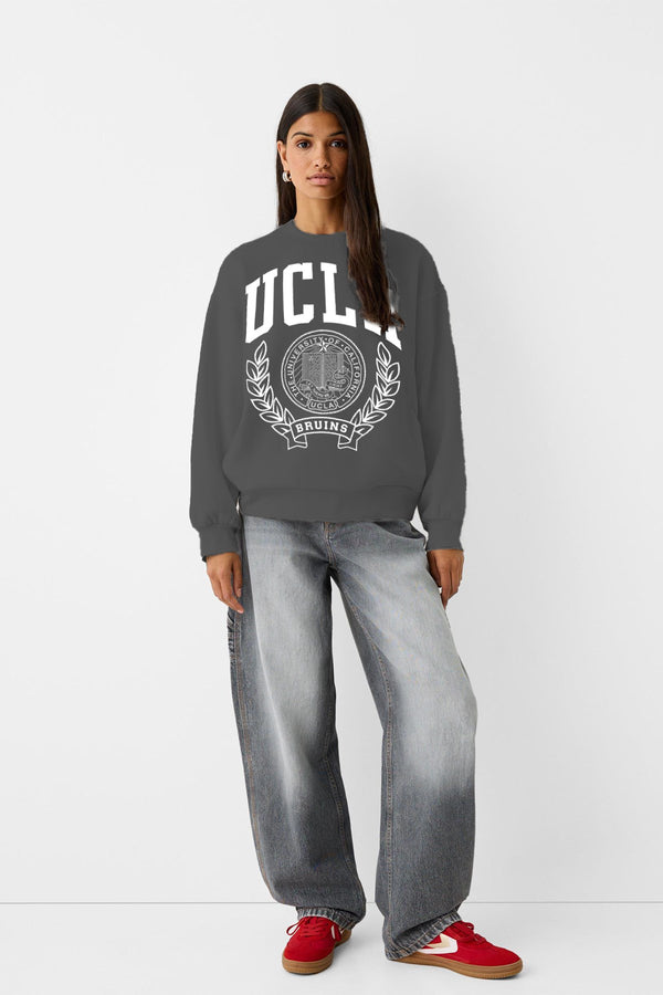 Ucla Yazı Baskılı Bisiklet Yaka İçi Polar Oversize Kesim Unisex Füme Sweatshirt