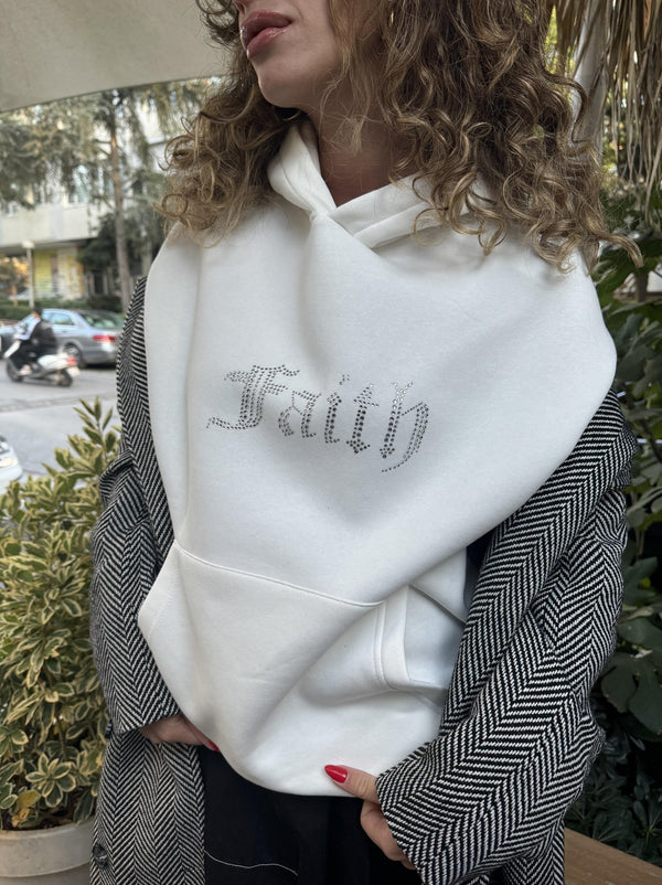 Faith Yazılı Taş Baskılı Kapüşonlu İçi Polar Oversize Beyaz Sweatshirt