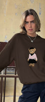 Kadın Oversize Sweatshirt Ballerina Bear Baskılı Kahverengi – Bisiklet Yaka, 3 İplik Şardonlu Polar