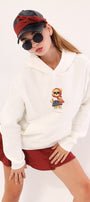 Beyaz Kapüşonlu Puantiyeli Ayıcık Baskılı Oversize Unisex Sweatshirt