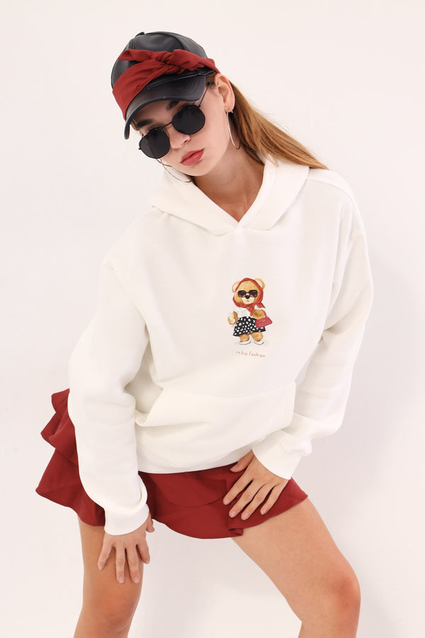 Beyaz Kapüşonlu Puantiyeli Ayıcık Baskılı Oversize Unisex Sweatshirt