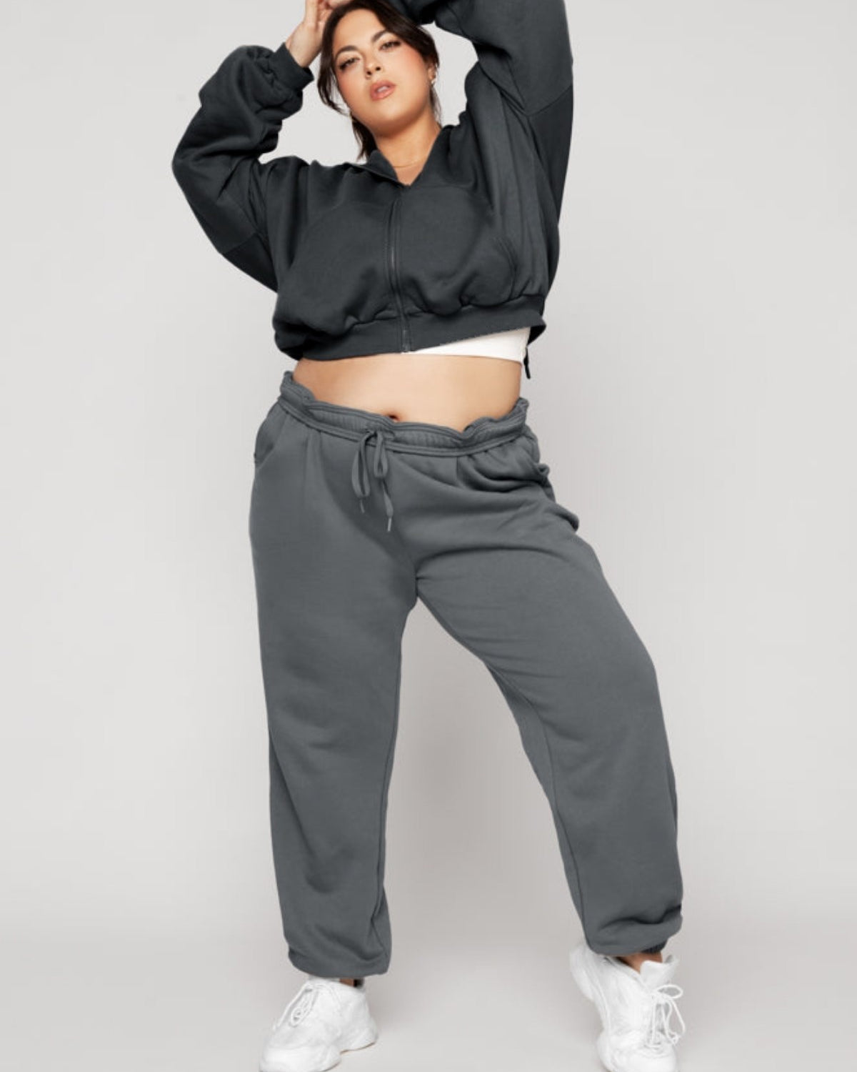 Kadın Füme Kapüşonlu Sweatshirt Fermuarlı 3 İplik Şardonlu Oversize Kesim