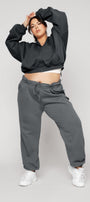 Kadın Füme Kapüşonlu Sweatshirt Fermuarlı 3 İplik Şardonlu Oversize Kesim