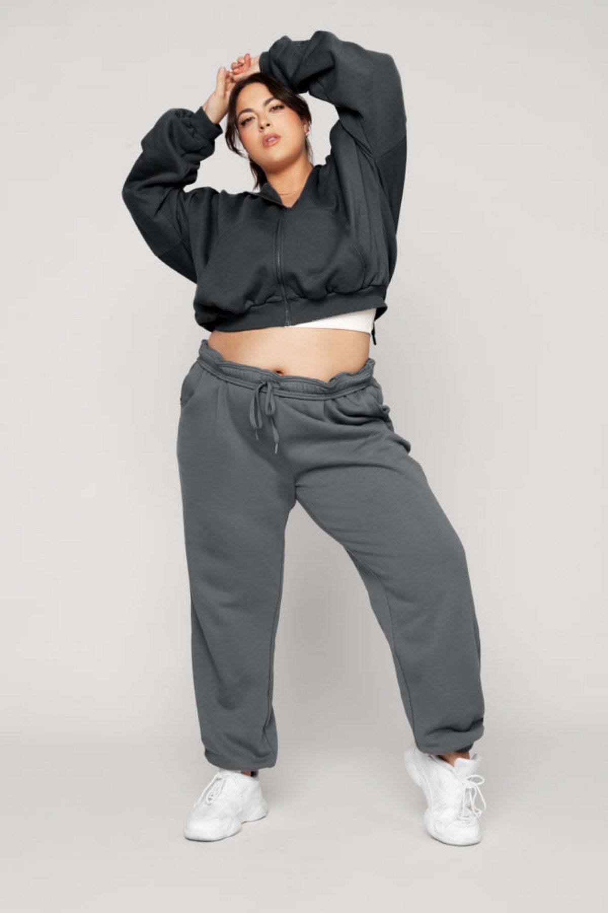 Kadın Füme Kapüşonlu Sweatshirt Fermuarlı 3 İplik Şardonlu Oversize Kesim