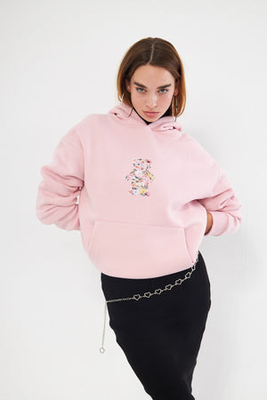 Kapüşonlu İçi Polar Çiçekli Teddy Bear Baskılı Pembe Unisex Hoodie Sweatshirt