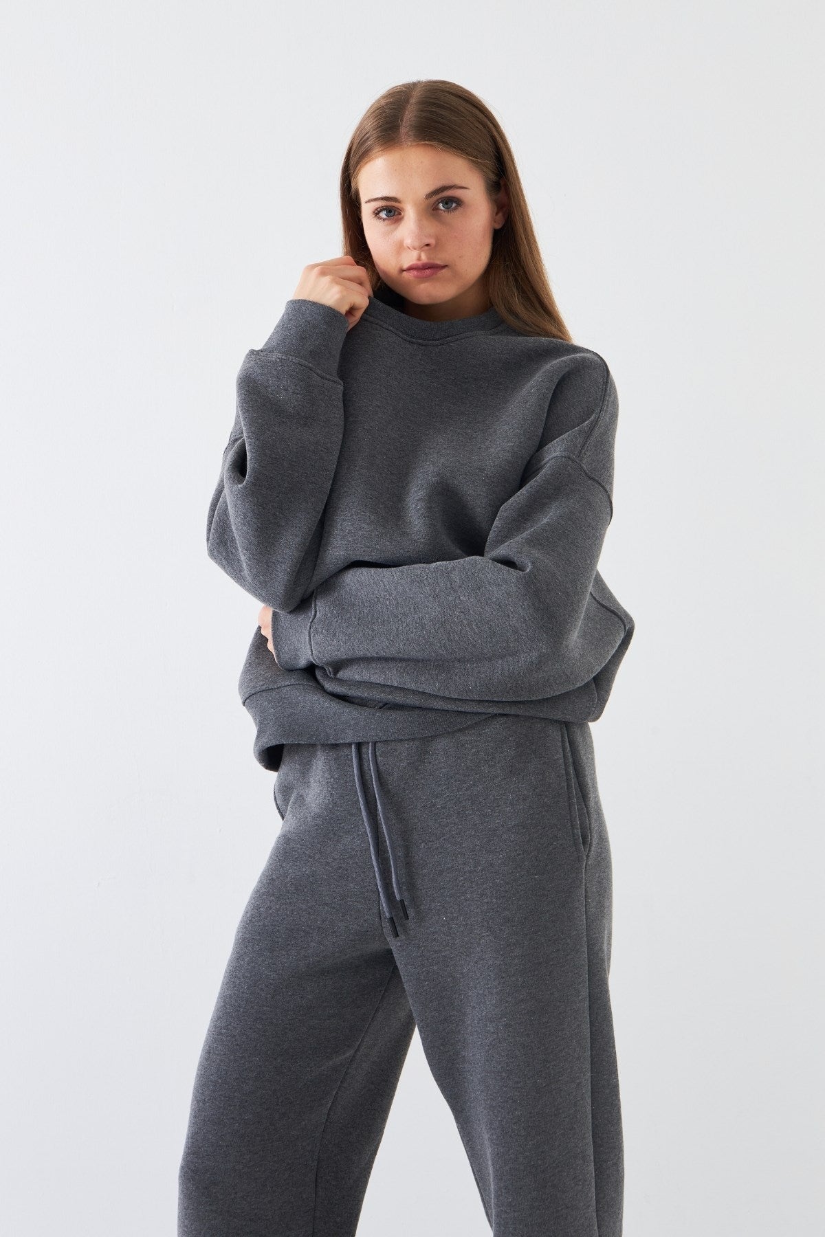 Unisex Oversize Sweatshirt Basic Füme Melanj – Bisiklet Yaka, 3 İplik Şardonlu Polar