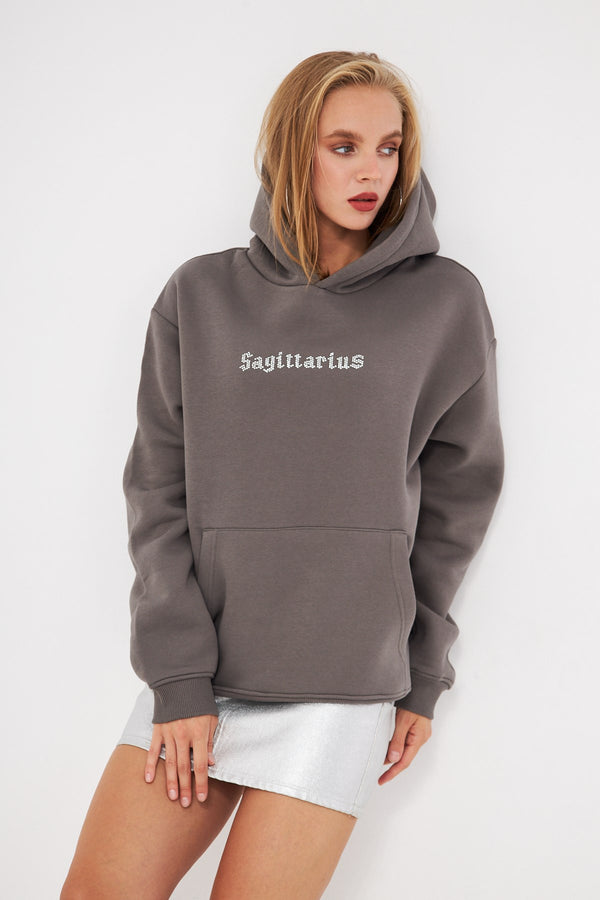 Kapüşonlu İçi Polar Sagittarius Yazılı Taş Baskılı Füme Oversize Hoodie Sweatshirt