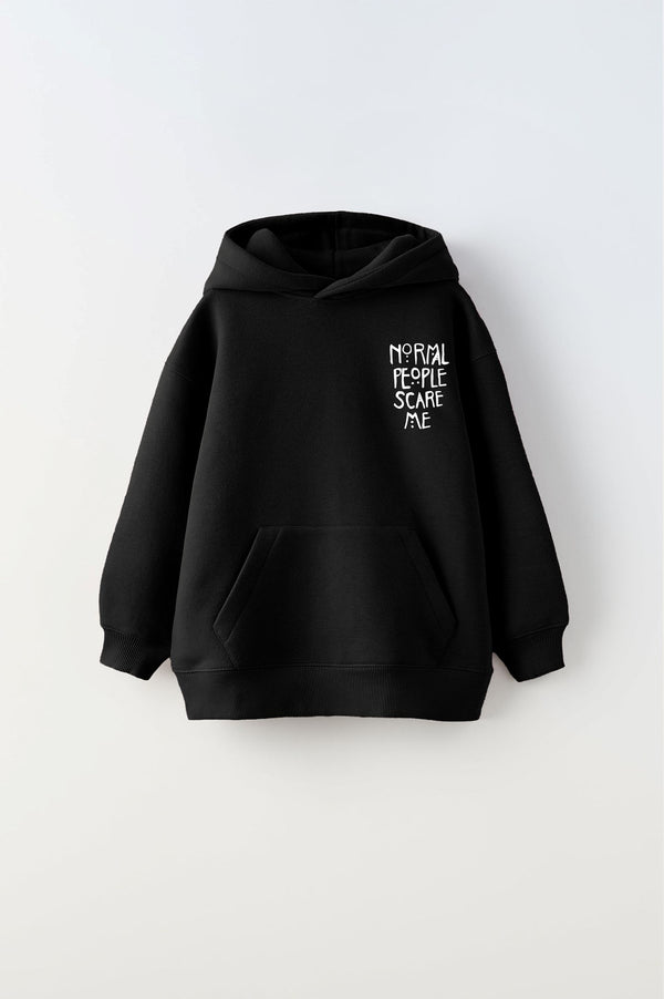 Kapüşonlu İçi Polar Normal People Scare Me Baskılı Siyah Unisex Çocuk Hoodie Sweatshirt