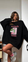 Kadın Oversize Sweatshirt Elbise Grinch Mode Baskılı Siyah – Bisiklet Yaka, 3 İplik Şardonlu Polar
