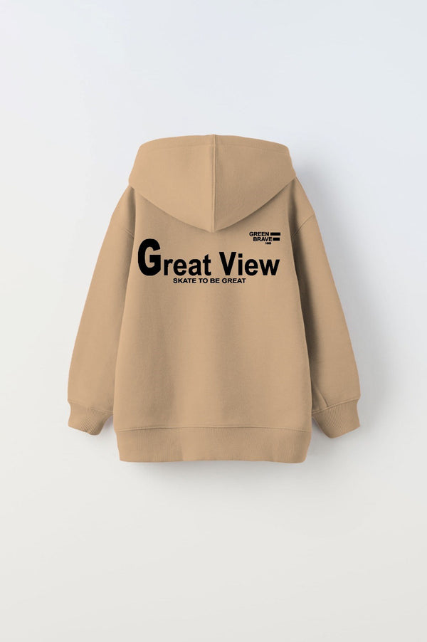 Kapüşonlu İçi Polar Great View Yazı Baskılı Bej Unisex Çocuk Hoodie Sweatshirt