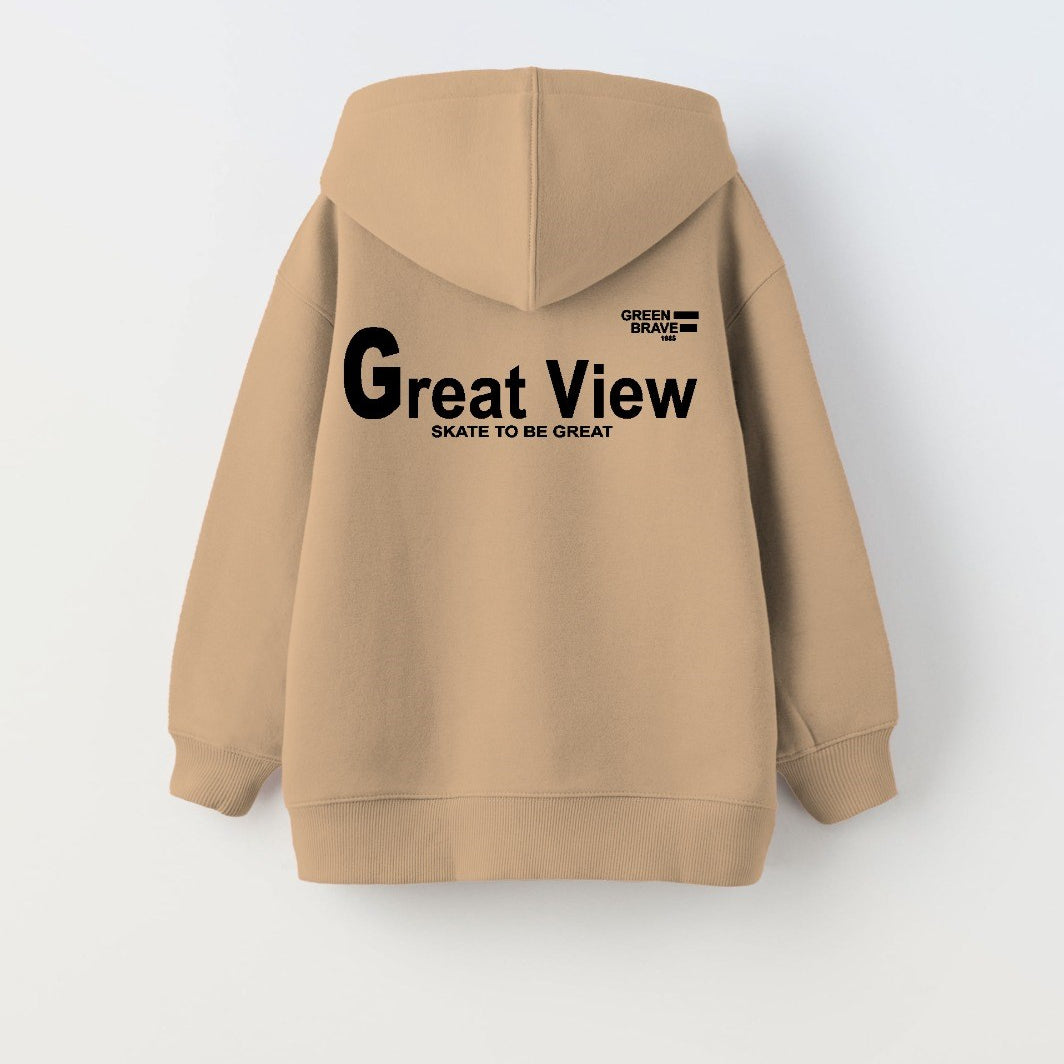 Kapüşonlu İçi Polar Great View Yazı Baskılı Bej Unisex Çocuk Hoodie Sweatshirt