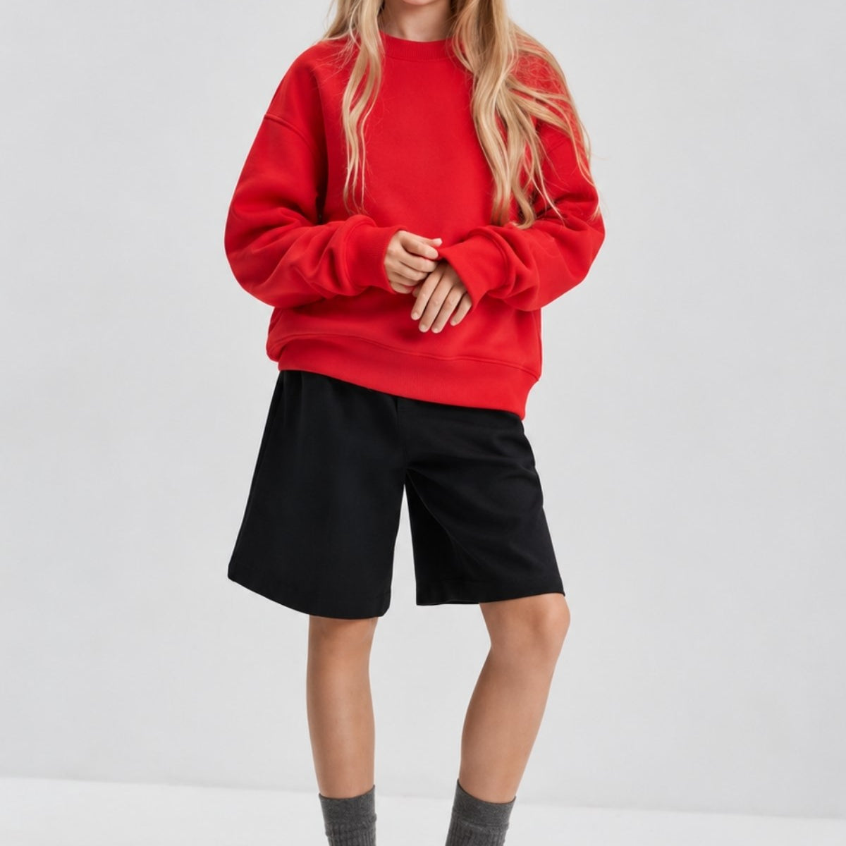 Kız Çocuk Oversize Sweatshirt Basic Kırmzı – Bisiklet yaka, 3 iplik şardonlu polar