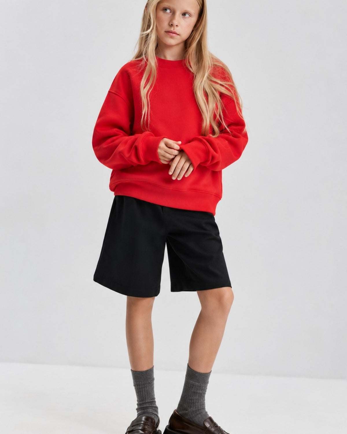Kız Çocuk Oversize Sweatshirt Basic Kırmzı – Bisiklet yaka, 3 iplik şardonlu polar