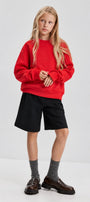 Kız Çocuk Oversize Sweatshirt Basic Kırmzı – Bisiklet yaka, 3 iplik şardonlu polar