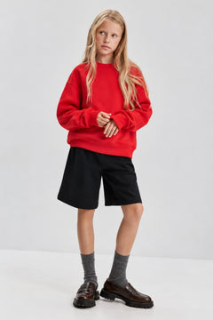 Kız Çocuk Oversize Sweatshirt Basic Kırmzı – Bisiklet yaka, 3 iplik şardonlu polar