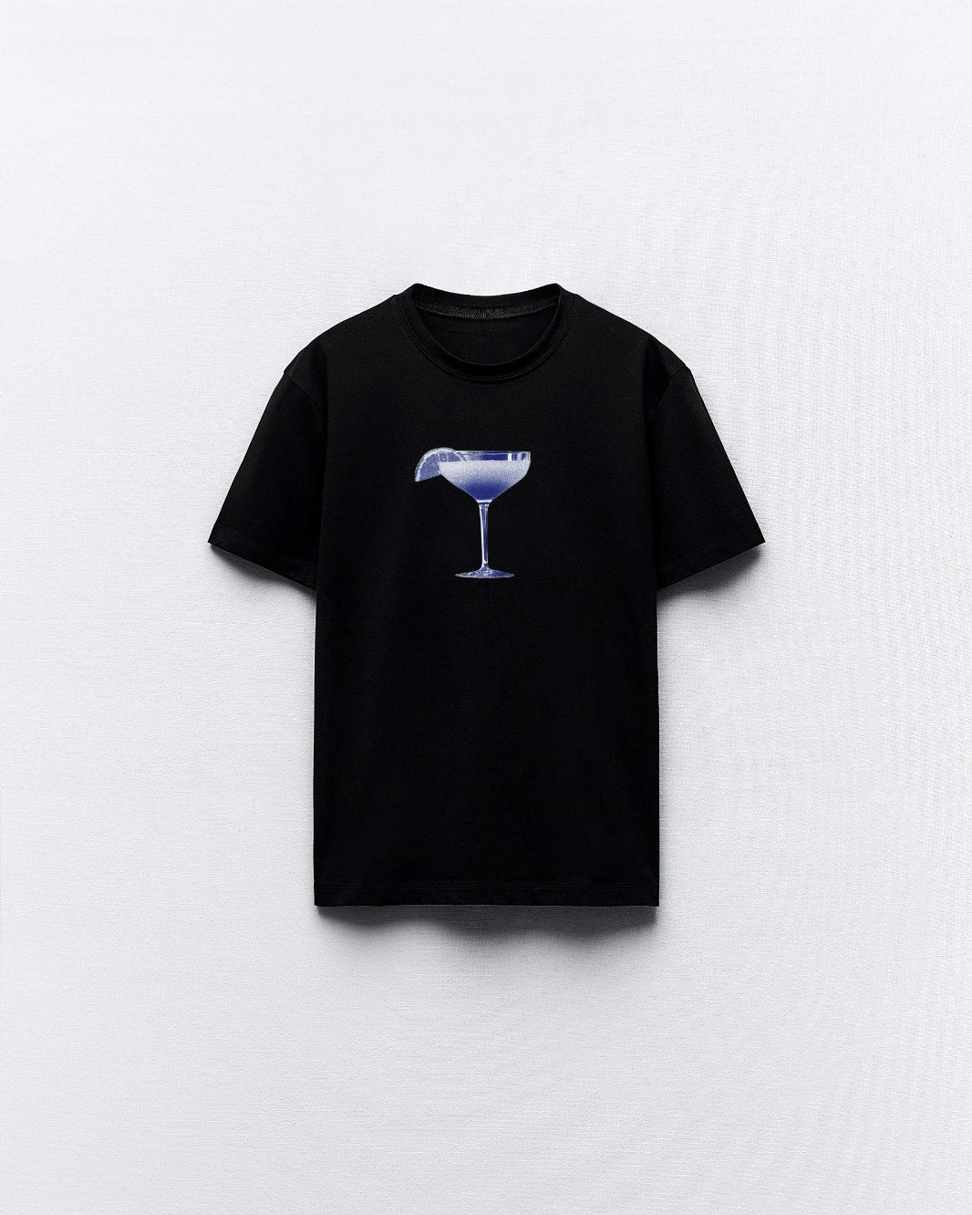 Kokteyl Kadeh Tasarım Baskılı Siyah Kadın T-shirt
