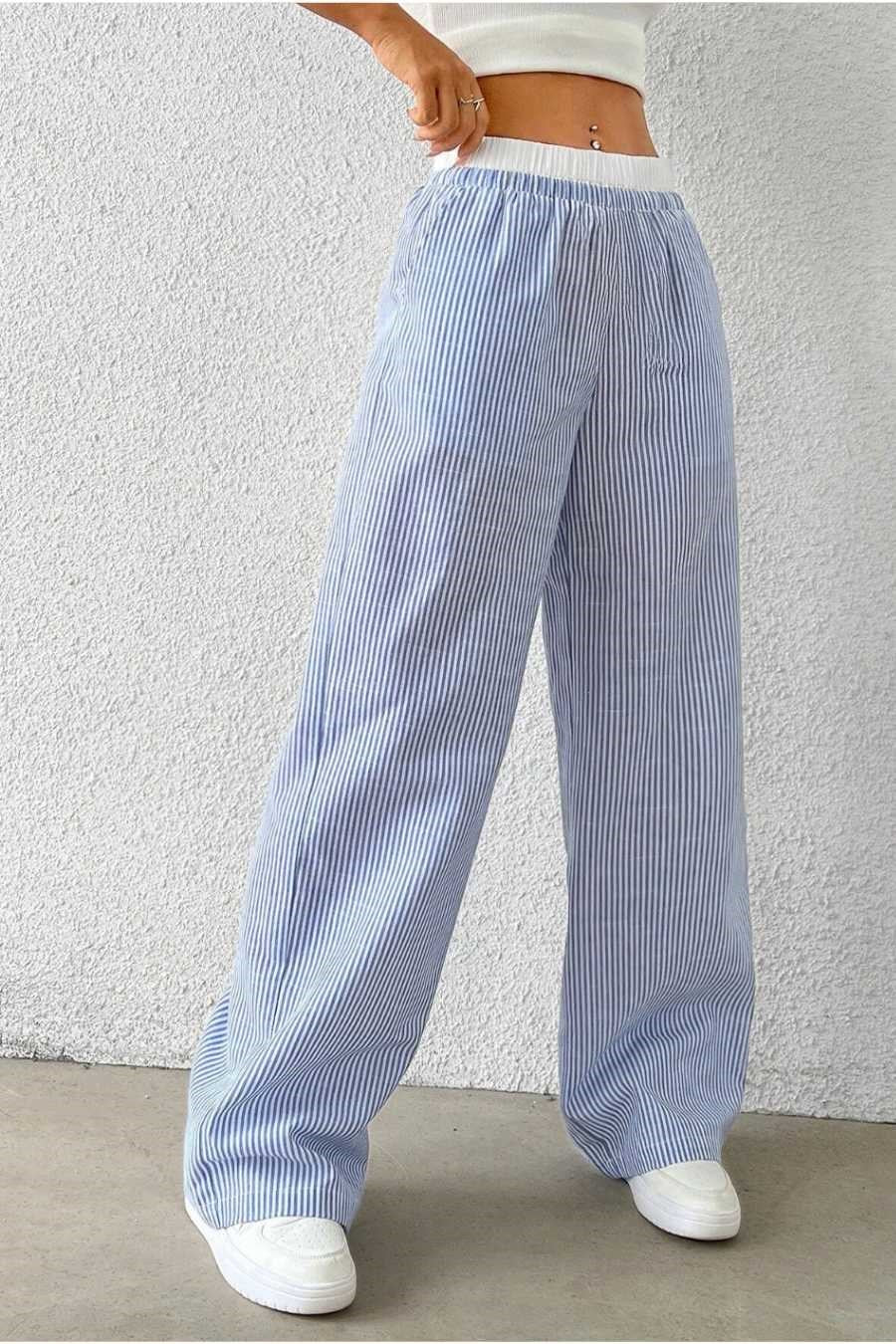 Kadın Mavi Çizgili Poplin Dokuma Pantolon – Yüksek Bel Lastikli Bol Paça Rahat Model