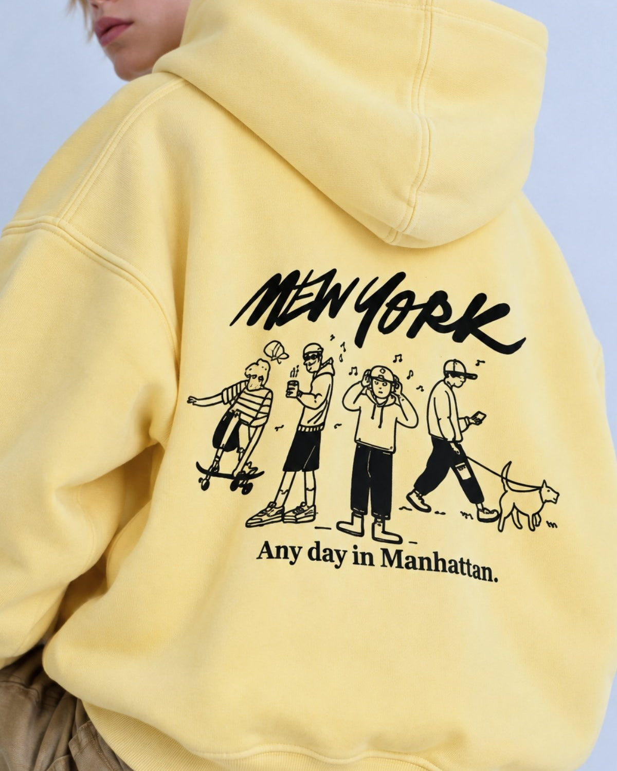 Erkek Çocuk Oversize Hoodie Sweatshirt DAY IN NYC Baskılı Sarı – Kapüşonlu, Cepli, 3 İplik Polar