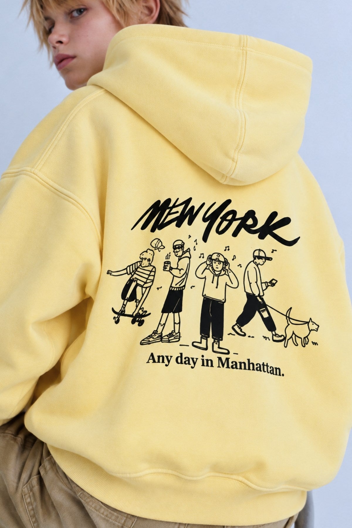 Erkek Çocuk Oversize Hoodie Sweatshirt DAY IN NYC Baskılı Sarı – Kapüşonlu, Cepli, 3 İplik Polar