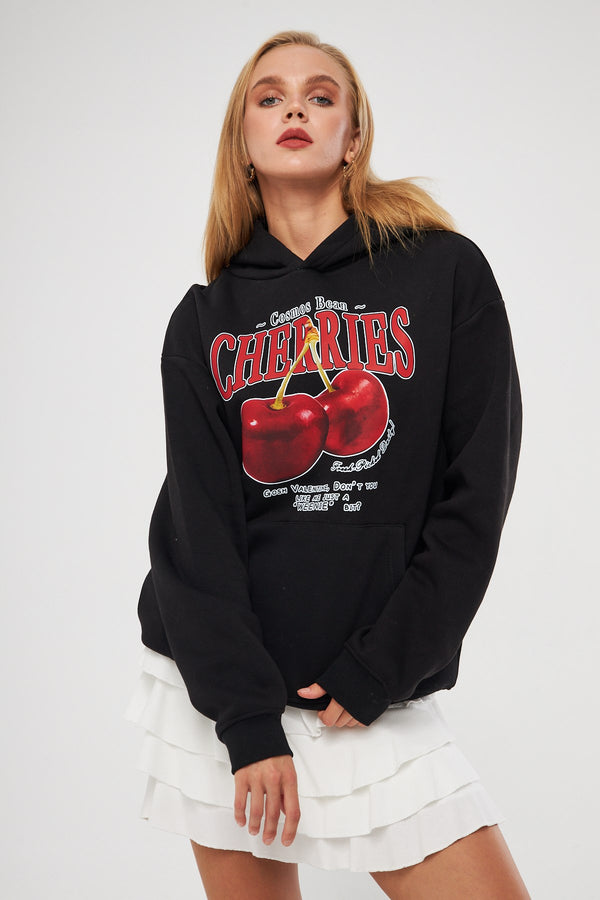 Kapüşonlu İçi Polar Cherries Yazılı Kiraz Baskılı Siyah Oversize Hoodie Sweatshirt