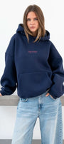 Kadın Oversize Sweatshirt Hoodie CHMP STUDIOS Lacivert – Kapüşonlu, 3 İplik Polar, Kanguru Cepli