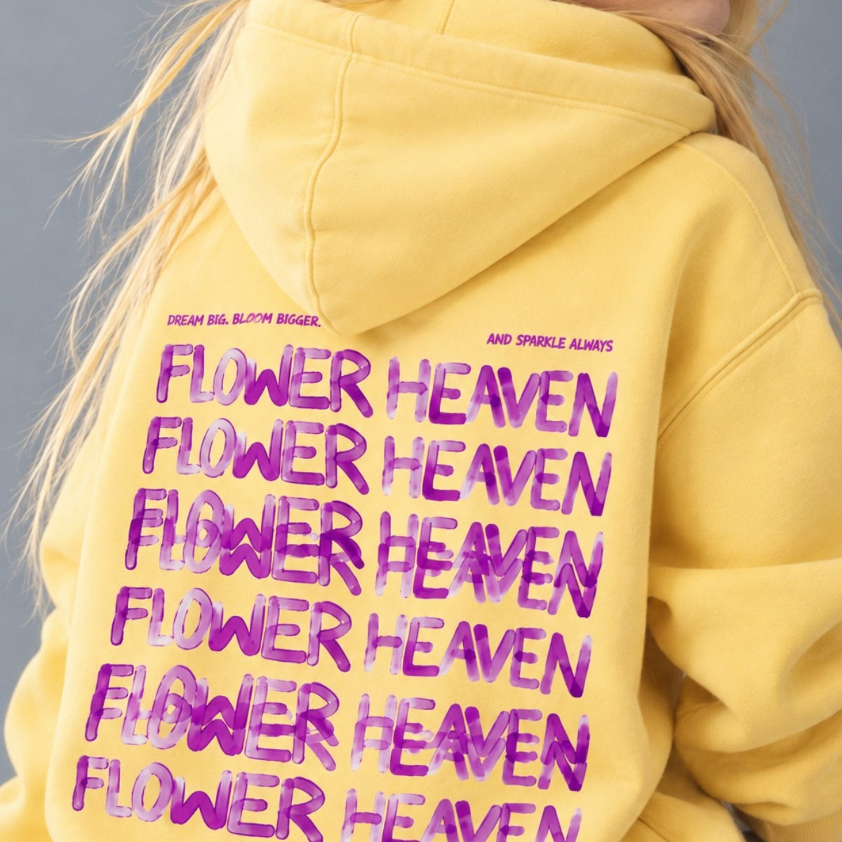 Kız Çocuk Oversize Hoodie Sweatshirt Flower Heaven Baskılı Sarı – Kapüşonlu, Cepli, 3 İplik Polar  