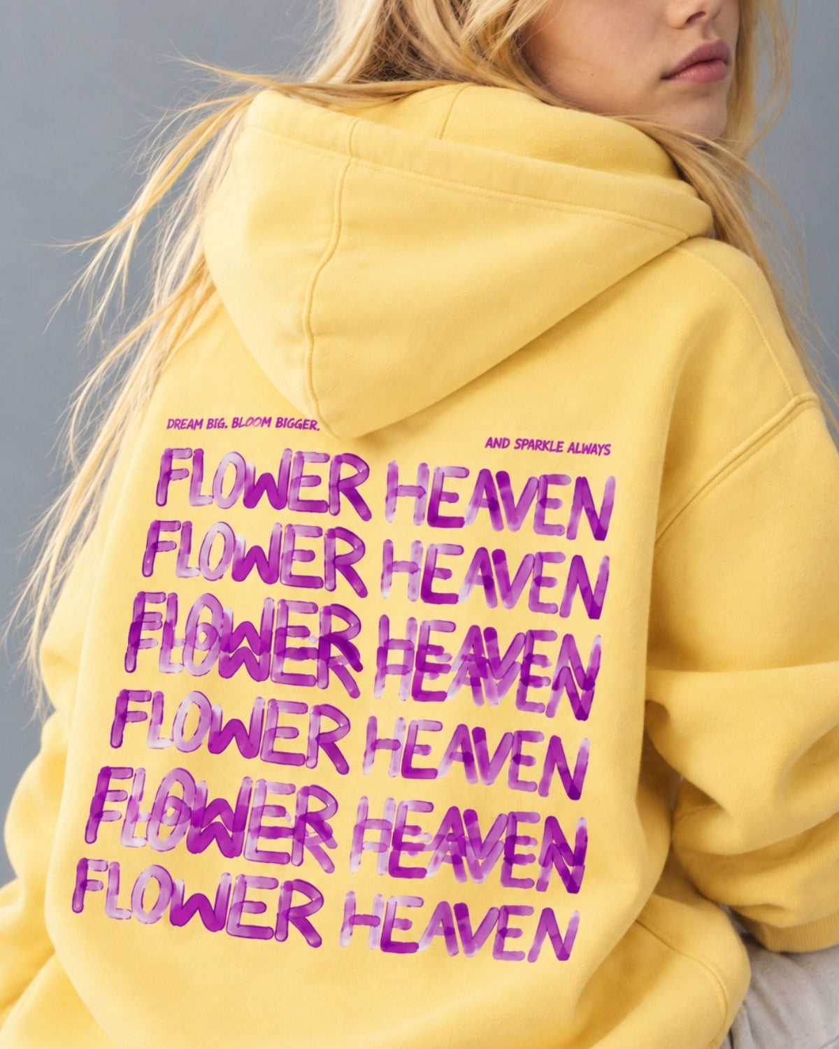 Kız Çocuk Oversize Hoodie Sweatshirt Flower Heaven Baskılı Sarı – Kapüşonlu, Cepli, 3 İplik Polar  