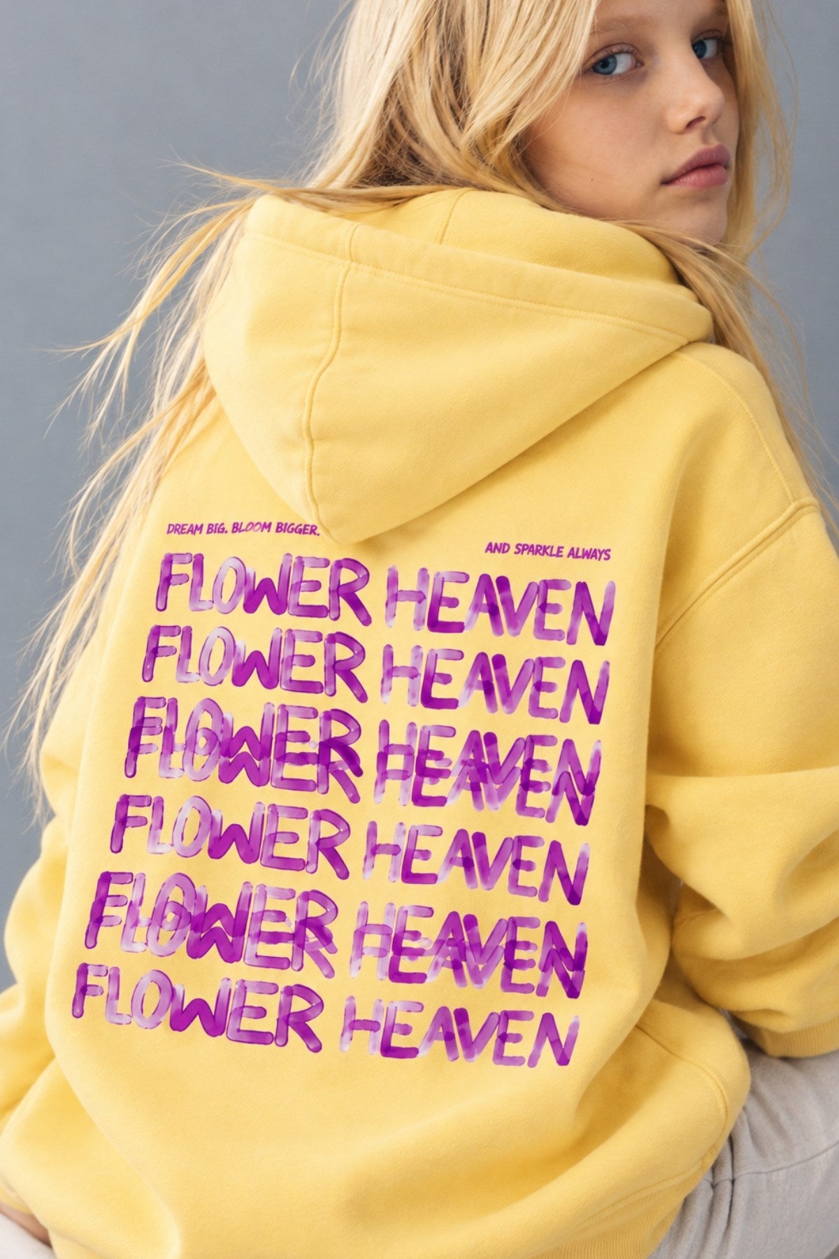 Kız Çocuk Oversize Hoodie Sweatshirt Flower Heaven Baskılı Sarı – Kapüşonlu, Cepli, 3 İplik Polar  