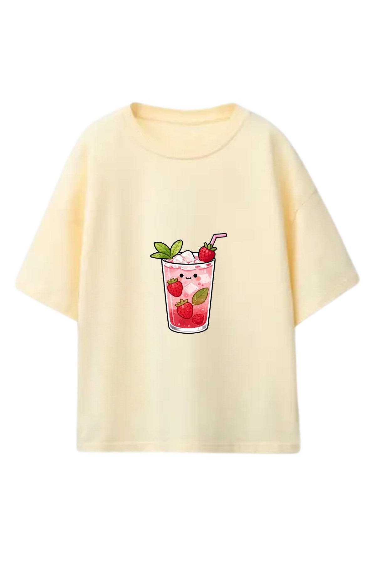 Kız Çocuk Oversize Tişört Strawberry Pop Baskılı Sarı – Bisiklet Yaka, Rahat Kalıp, %100 Pamuk