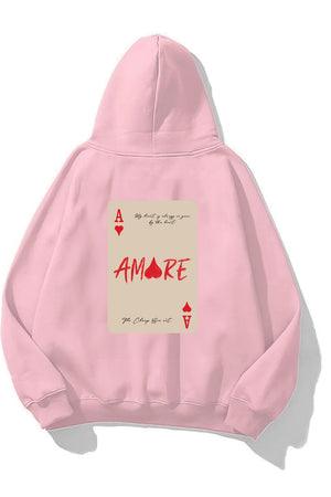 Kapüşonlu İçi Polar Amore Baskılı Pembe Unisex Hoodie Sweatshirt