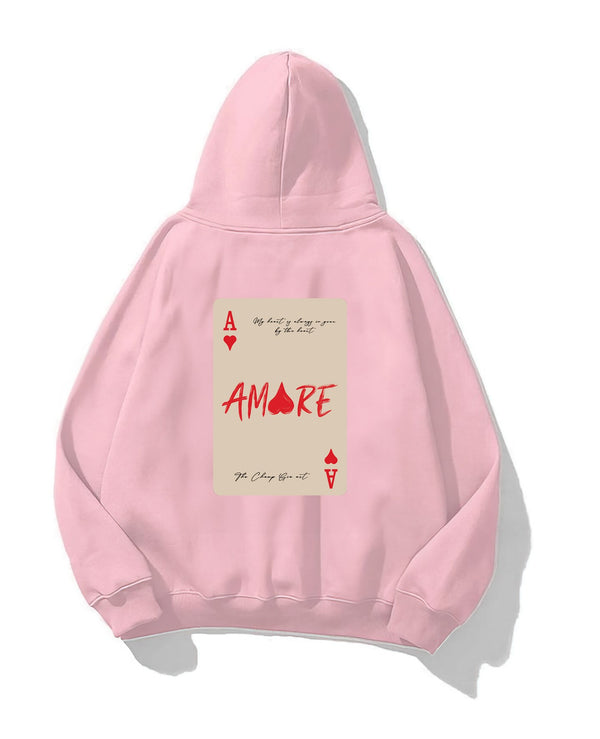 Kapüşonlu İçi Polar Amore Baskılı Pembe Unisex Hoodie Sweatshirt