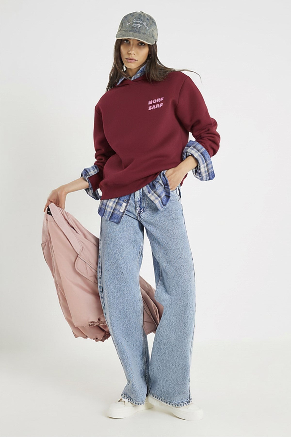 Unisex Oversize Sweatshirt Norf Sarf Harita Baskılı Bordo – Bisiklet Yaka, 3 İplik Şardonlu Polar