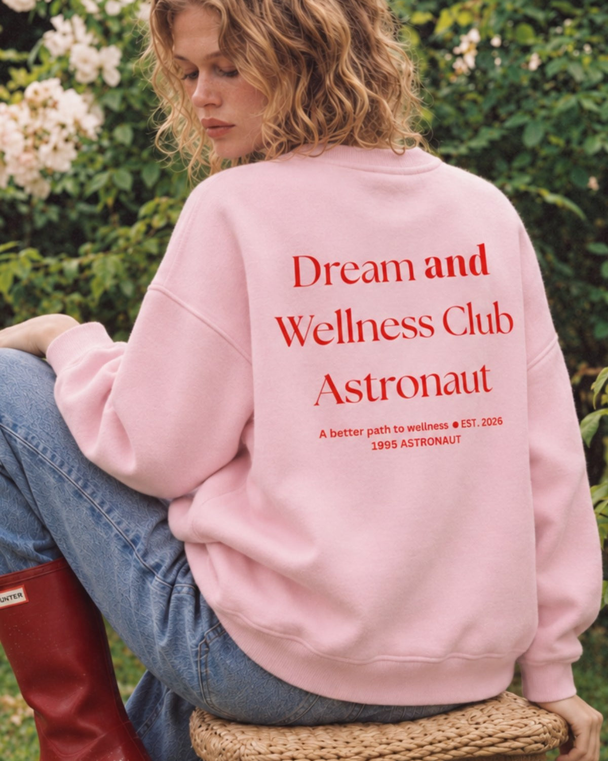 Kadın Oversize Sweatshirt Wellness Baskılı Pembe – Bisiklet Yaka, 3 İplik Şardonlu Polar, Düşük Omuz