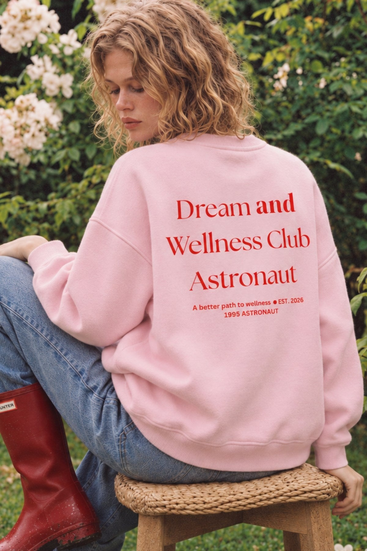 Kadın Oversize Sweatshirt Wellness Baskılı Pembe – Bisiklet Yaka, 3 İplik Şardonlu Polar, Düşük Omuz