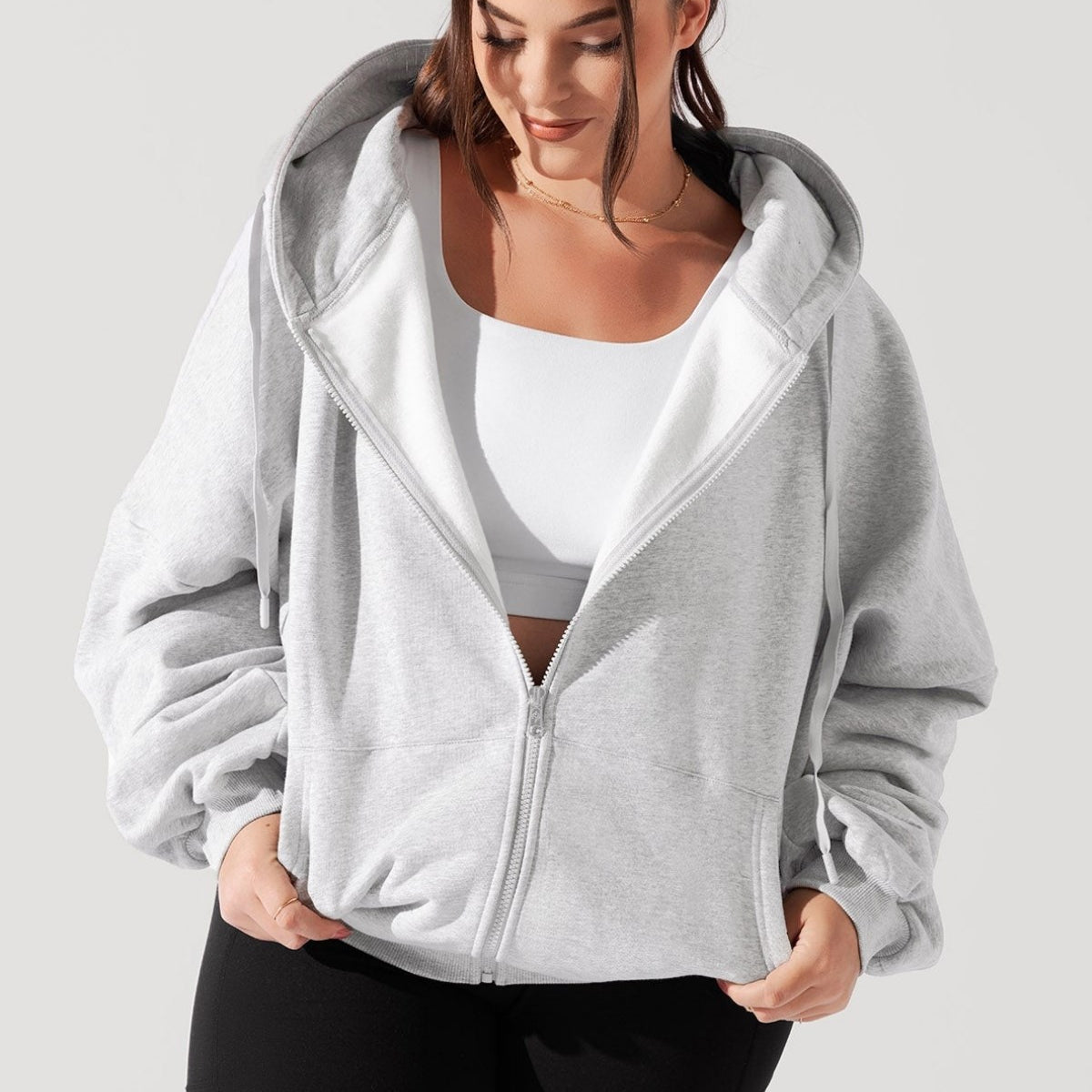 Kadın Gri Oversize Fermuarlı Kapüşonlu Sweatshirt 3 İplik Şardonlu Kumaş