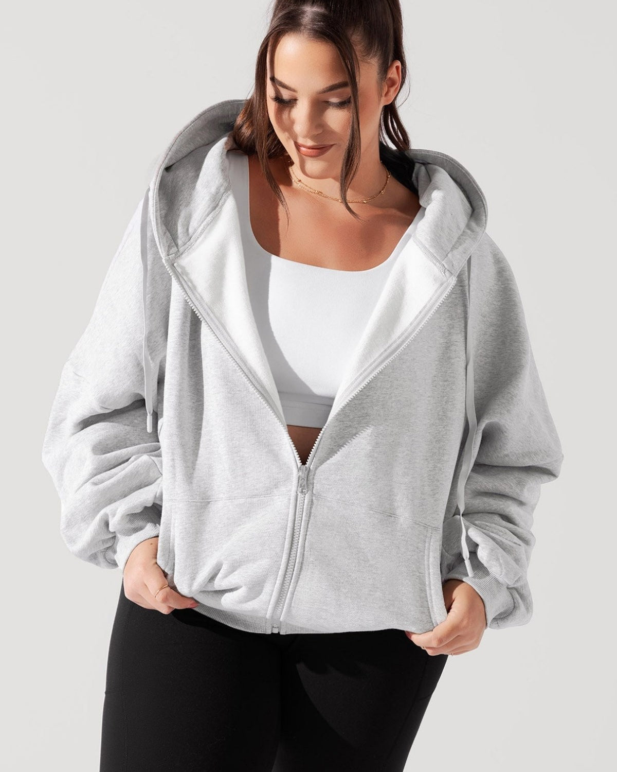 Kadın Gri Oversize Fermuarlı Kapüşonlu Sweatshirt 3 İplik Şardonlu Kumaş