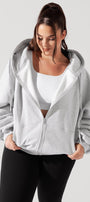 Kadın Gri Oversize Fermuarlı Kapüşonlu Sweatshirt 3 İplik Şardonlu Kumaş