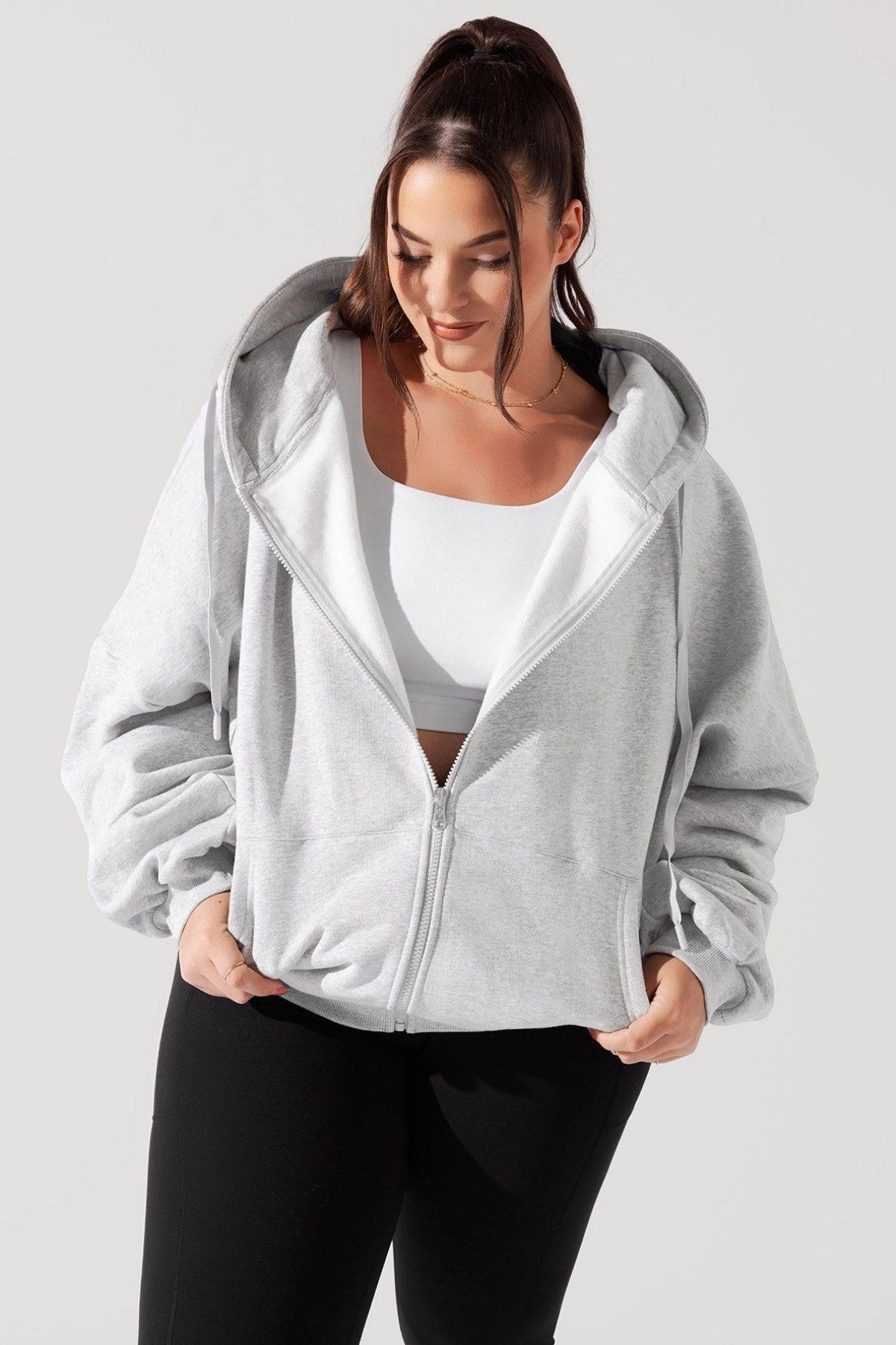 Kadın Gri Oversize Fermuarlı Kapüşonlu Sweatshirt 3 İplik Şardonlu Kumaş