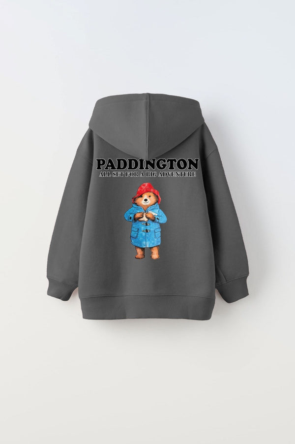 Kapüşonlu İçi Polar Paddington Yazılı Ayı Figür Baskılı Füme Unisex Hoodie Çocuk Sweatshirt