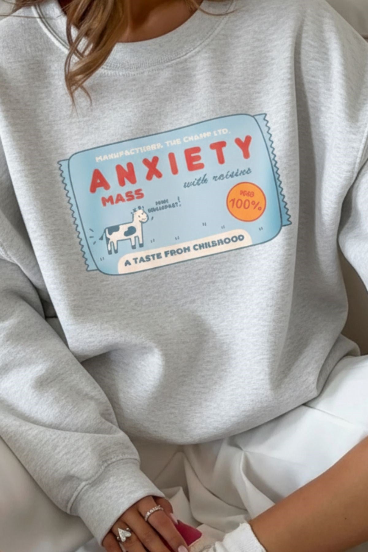 Kadın Oversize Sweatshirt Elbise Anxiety Bar Baskılı Gri Melanj– Bisiklet Yaka, 3 İplik Polar
