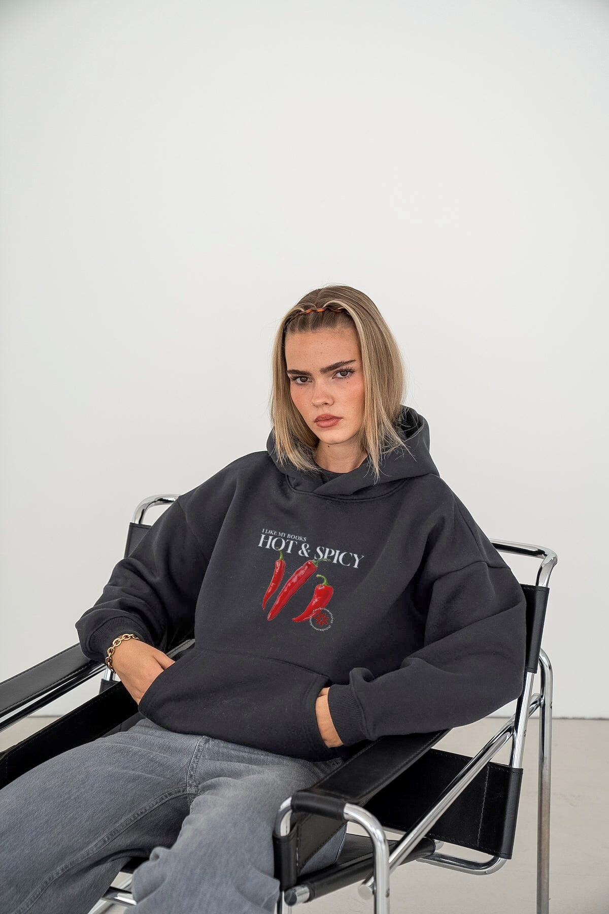 Kadın Oversize Sweatshirt Hoodie Hot & Spicy Baskılı Füme – Kapüşonlu, 3 İplik Şardonlu Polar