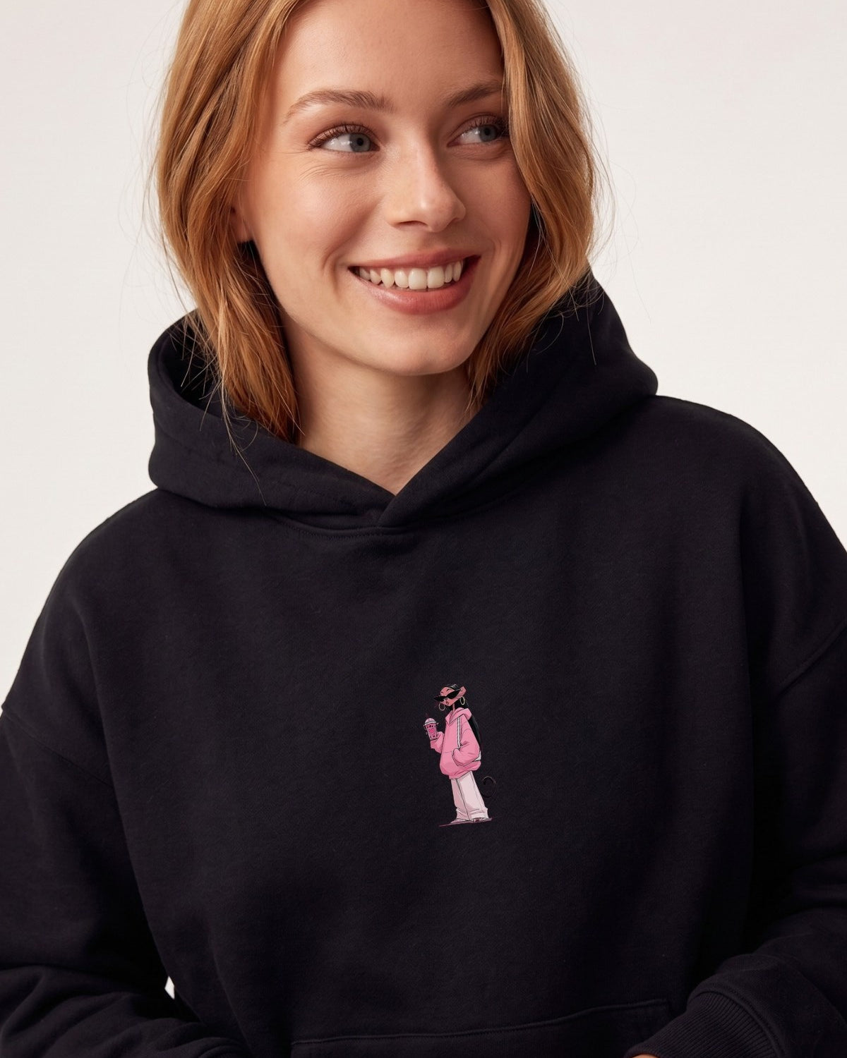 Kadın Oversize Hoodie Pink Kitty Club Baskılı Siyah - Kapüşonlu, Cepli, 3 İplik Polar