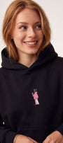 Kadın Oversize Hoodie Pink Kitty Club Baskılı Siyah - Kapüşonlu, Cepli, 3 İplik Polar