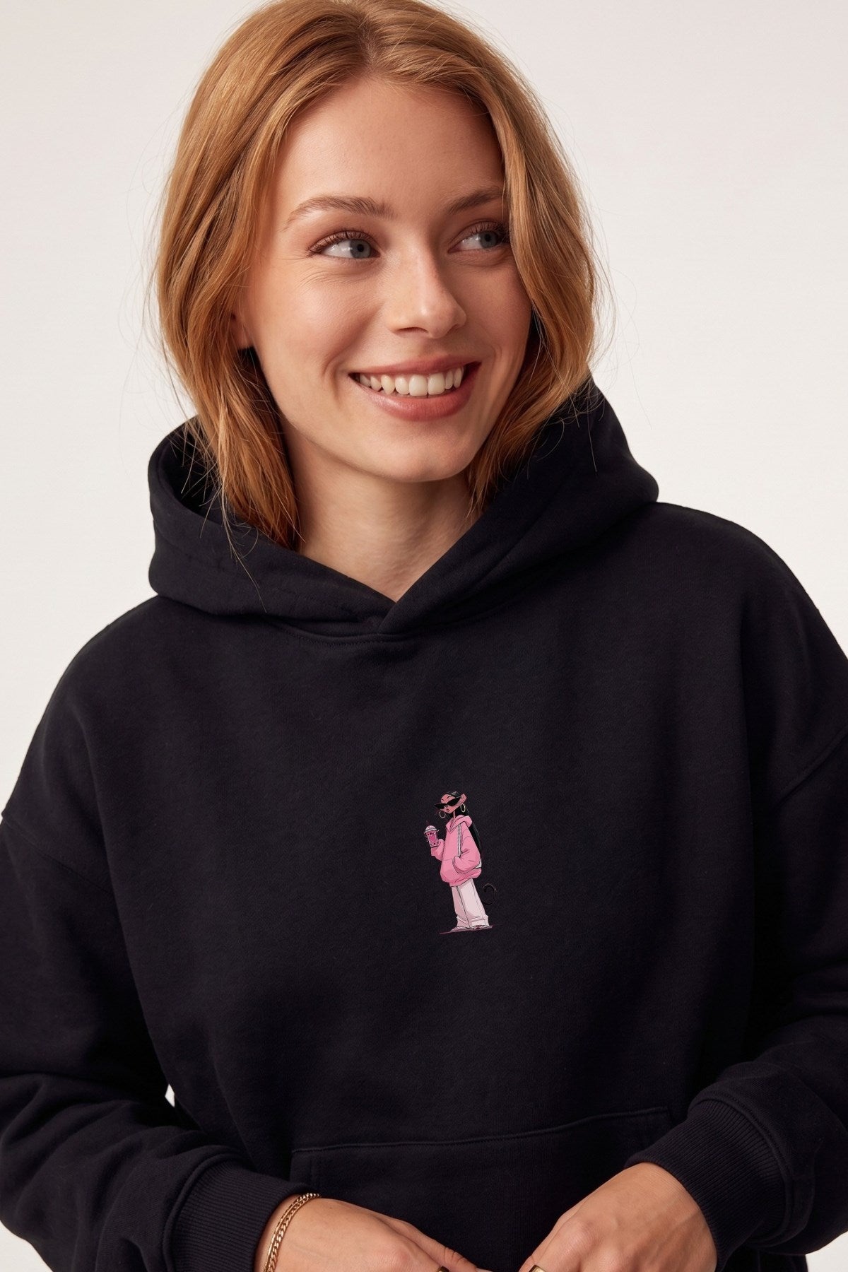 Kadın Oversize Hoodie Pink Kitty Club Baskılı Siyah - Kapüşonlu, Cepli, 3 İplik Polar