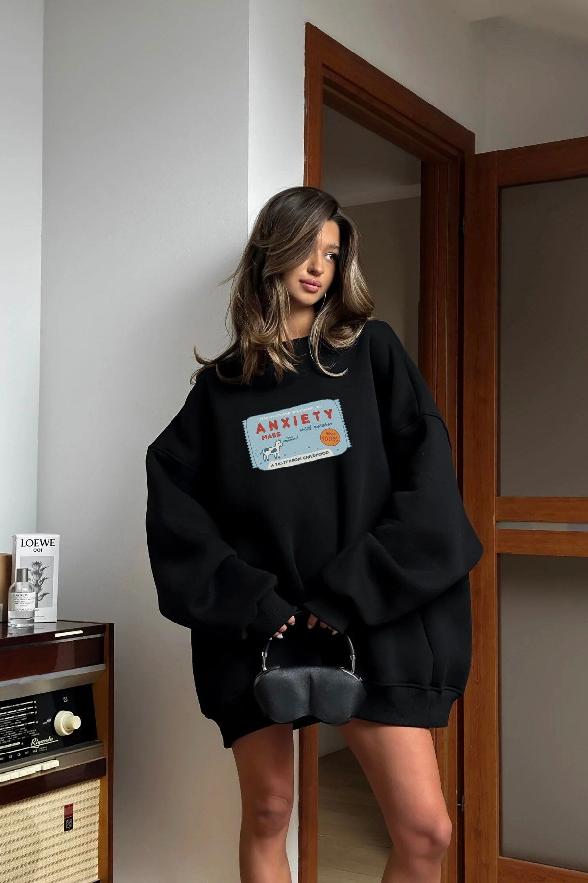 Kadın Oversize Sweatshirt Elbise Anxiety Bar Baskılı Siyah – Bisiklet Yaka, 3 İplik Şardounlu Polar