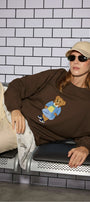 Kadın Oversize Sweatshirt Preppy Girl Bear Baskılı Kahverengi – Bisiklet Yaka, 3 İplik Şardonlu Polar