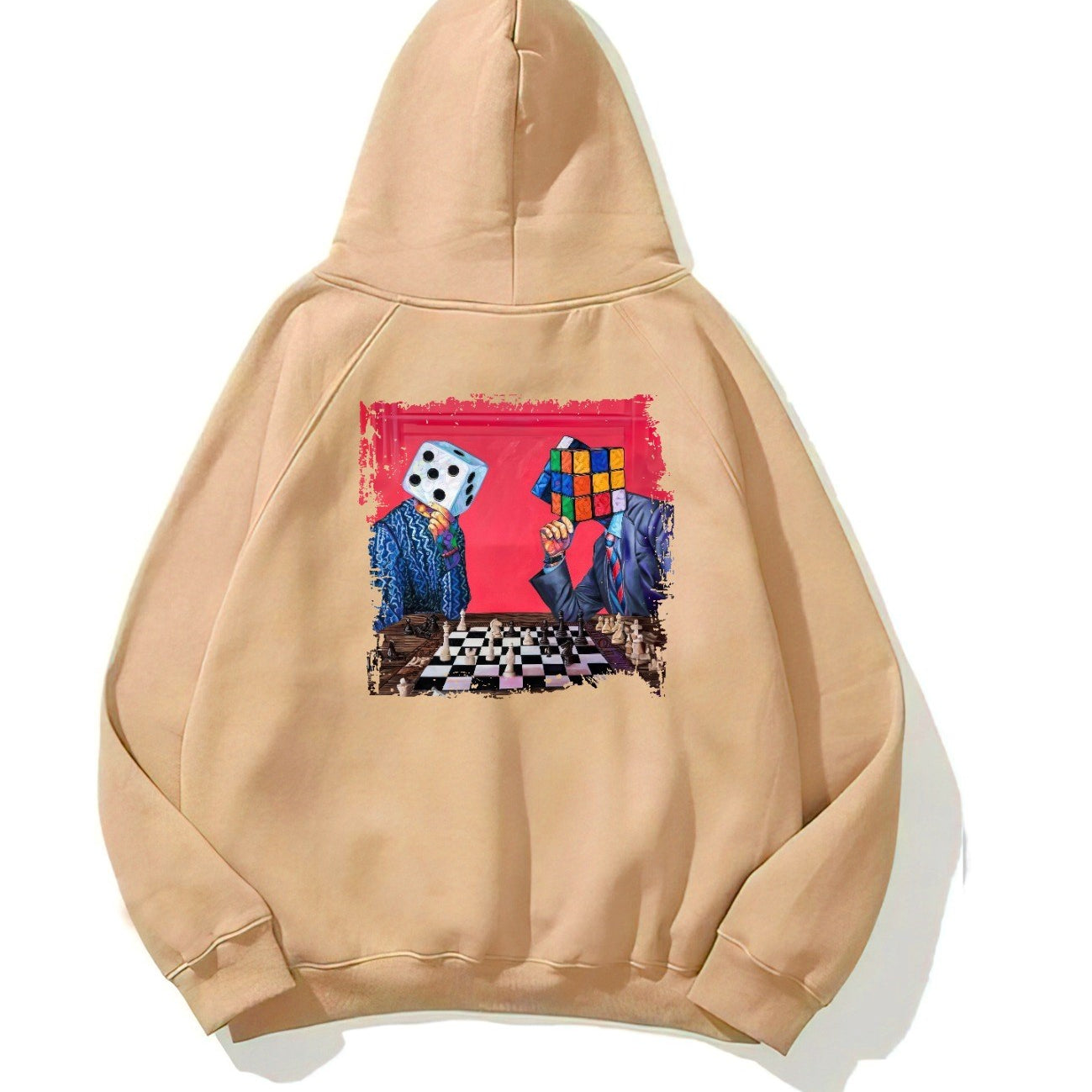 Kapüşonlu İçi Polar Satranç Baskılı Bej Unisex Oversize Hoodie Sweatshirt