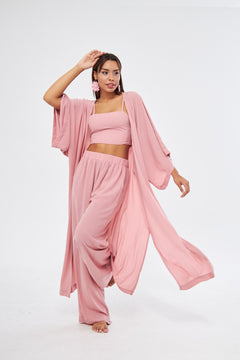Kimono 3 Parça Büstiyerli Pembe Renk Alt-Üst Takım (Medine İpeği)